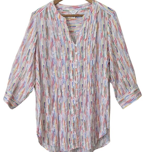 Womens Sz 1X Multicolor V-Neck Pleated 3/4 Sleeve Fairy Beach Vacation Tunic Top - Picture 1 of 11